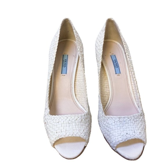 Prada White Woven Open Toe Heels Size 8 - Picture 2 of 4